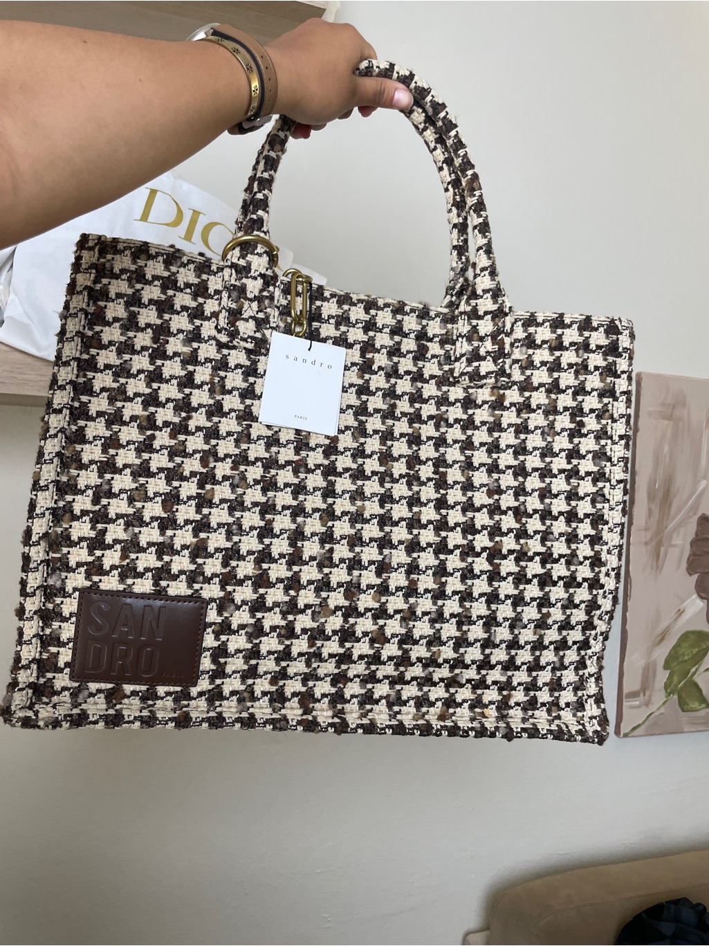 Sandro Brown & Cream Houndstooth Tote